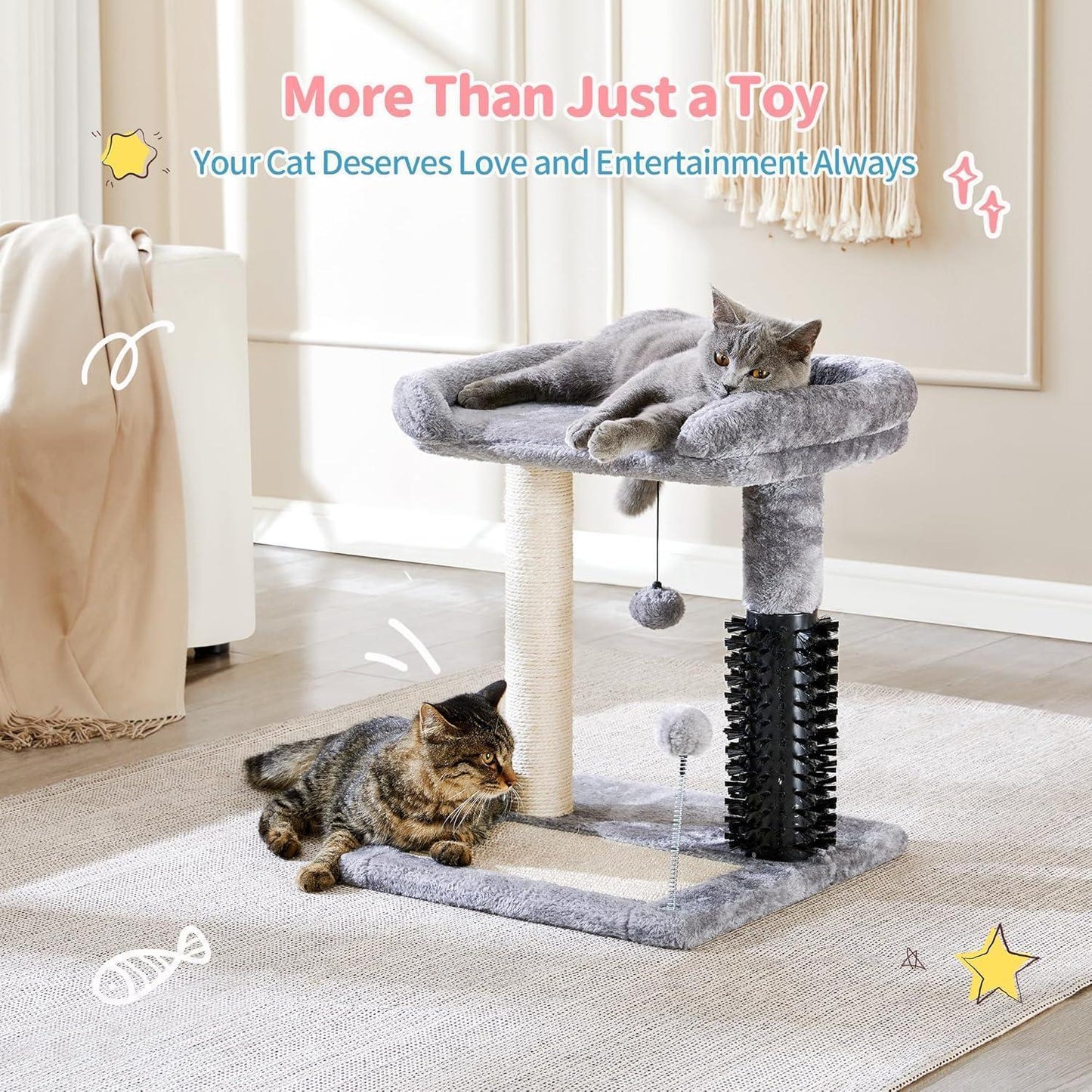US Local Small 4-in-1 Cat Tree Tower With Self-grooming Brush And Natural Sisal Scratching Post, Soft Plush Cat Bed And Hanging Ball, Suitable For Indoor Kittens