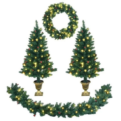 US Local 4 Pieces Christmas Decoration Set With Garland Wreath And Entrance Trees