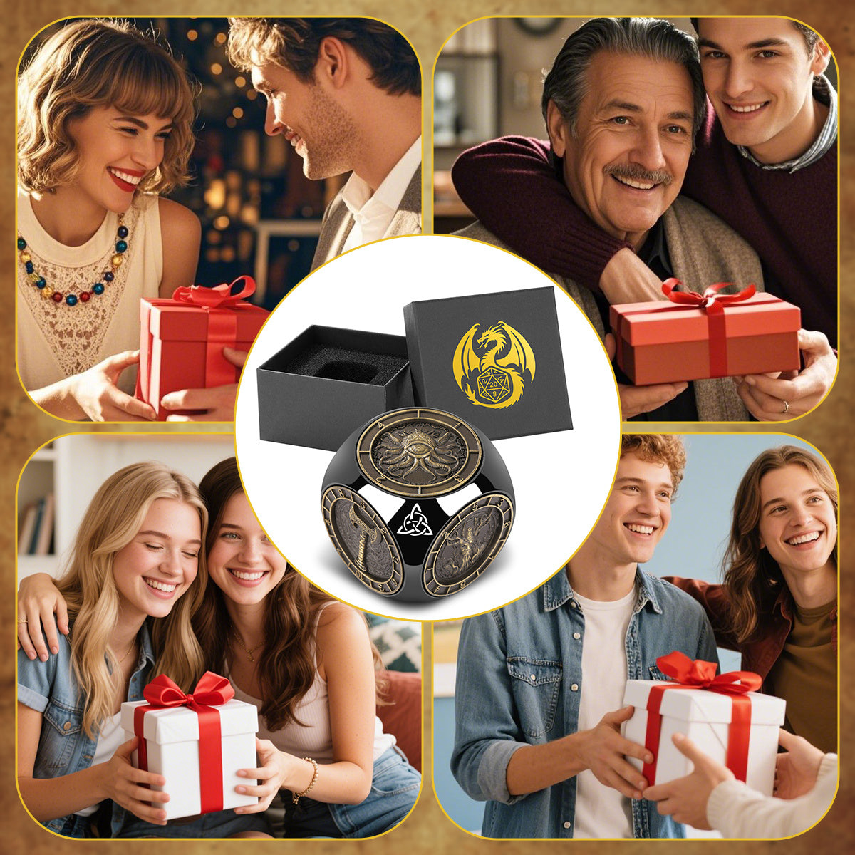 US Local 6-pack DND Dice Wheel Gift Box Set, Retro Wheel Metal Polyhedral Board Game Prop, Desktop Role Playing Decoration Collectibles Game Dice Accessories