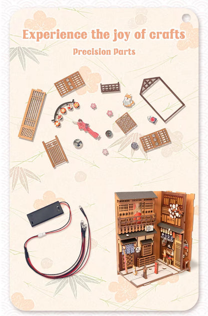 US Local CuteBee Handmade Craft Japanese Theme Sakura Theme Diy Book Nook With Light Night Light Model Dollhouse