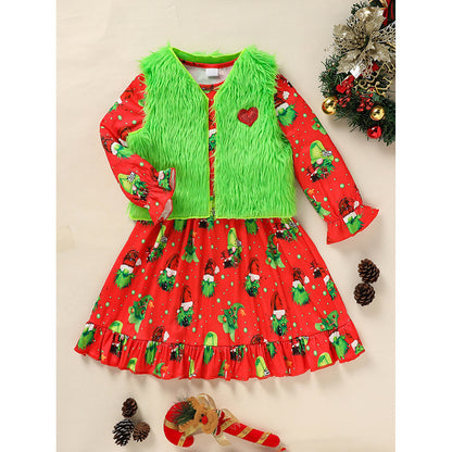 US Local Toddler Kids Baby Girl Christmas Dress Outifts, Long Sleeves Cartoon Prints Party Dress With Heart Print Vest Coat Xmas Clothes Set