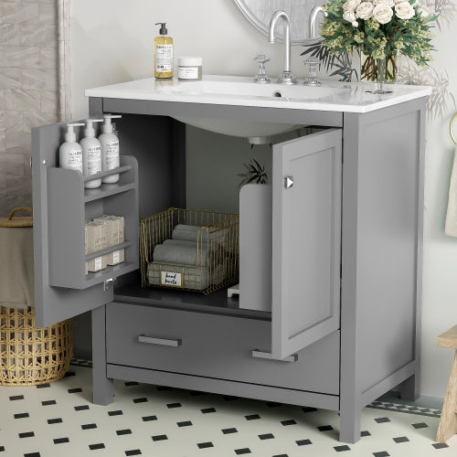 US Local 30  Gray Bathroom Vanity With Single Sink, Combo Cabinet Undermount Sink, Bathroom Storage Cabinet With 2 Doors And A Drawer, Soft Closing, Multifunctional Storage, Solid Wood Frame
