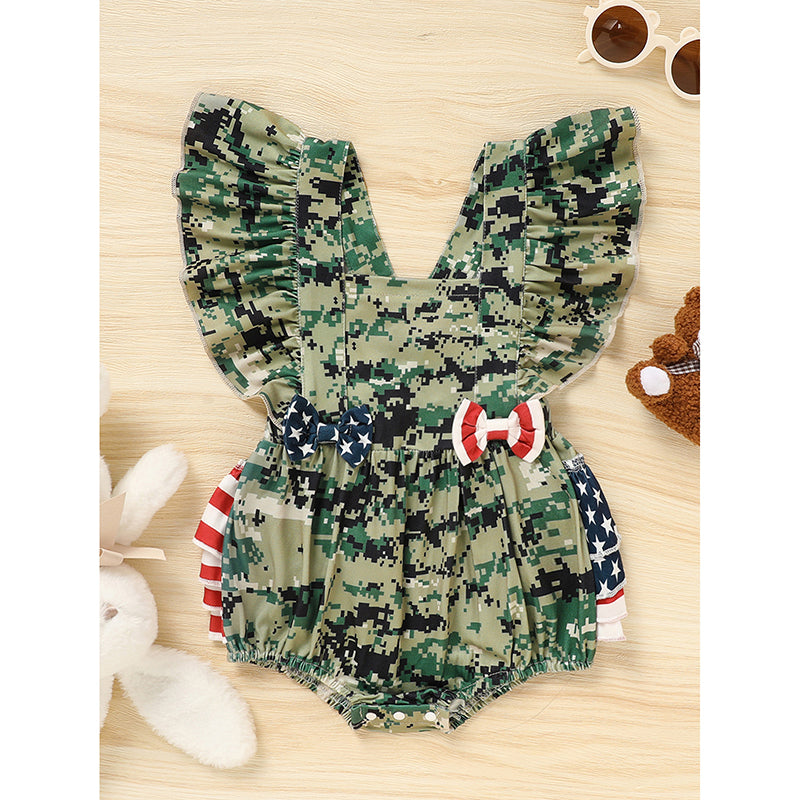 US Local Baby's Girl 4th Of July Independence Day Style Camouflage Pattern Triangle Bodysuit, Casual Sleeveless Romper, Toddler & Infant Girl's Onesie