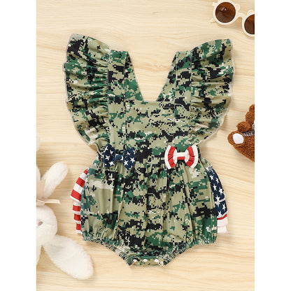 US Local Baby's Girl 4th Of July Independence Day Style Camouflage Pattern Triangle Bodysuit, Casual Sleeveless Romper, Toddler & Infant Girl's Onesie