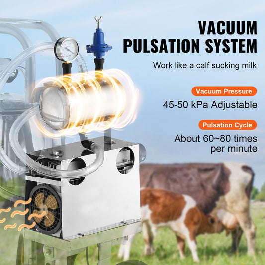 VEVOR Electric Cow Milking Machine, 6.6 Gal 25 L 304 Stainless Steel Bucket, Automatic Pulsation Vacuum Milker, Portable Milker With Food-grade Silicone Cups And Tubes, Adjustable Pressure