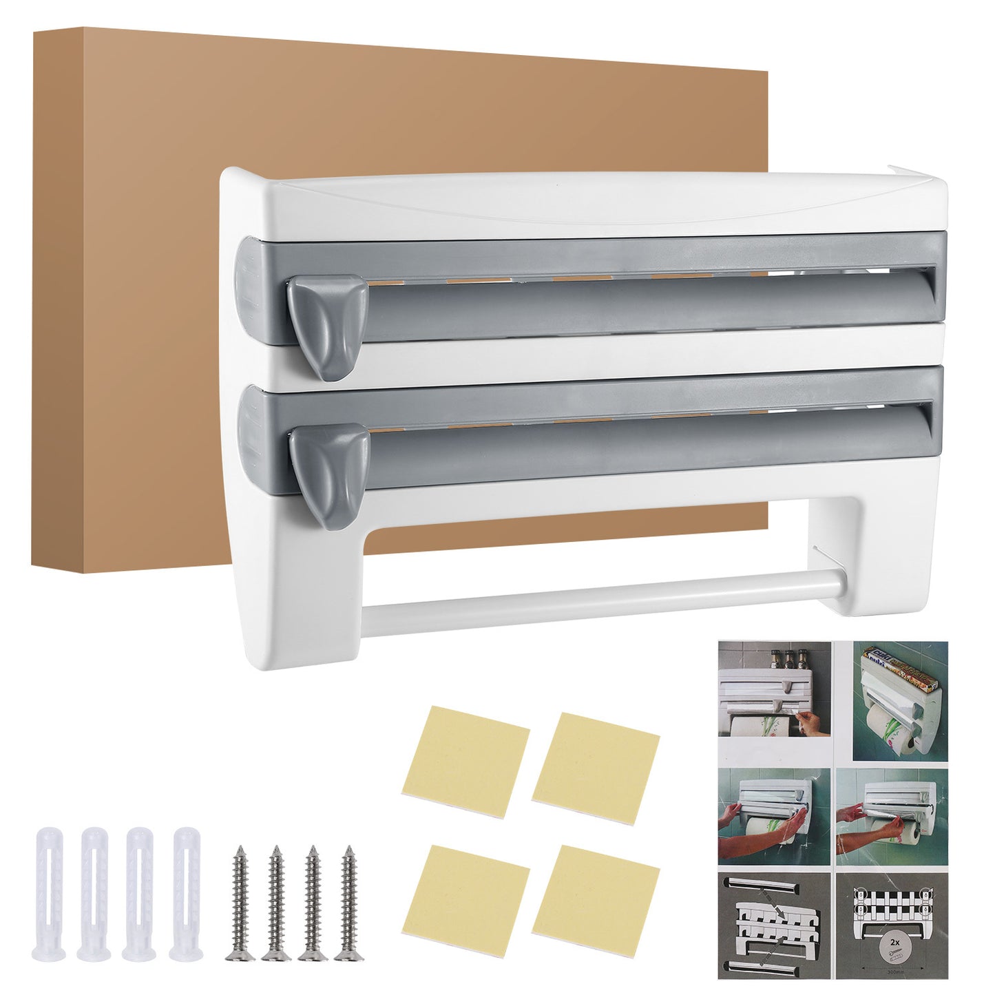 US Local 1 Pc Kitchen Roll Dispenser Paper Roll Holder Plastic Wrap Film Foil Paper Organizer With Cutter Wall Mounted For Kitchen Bathroom