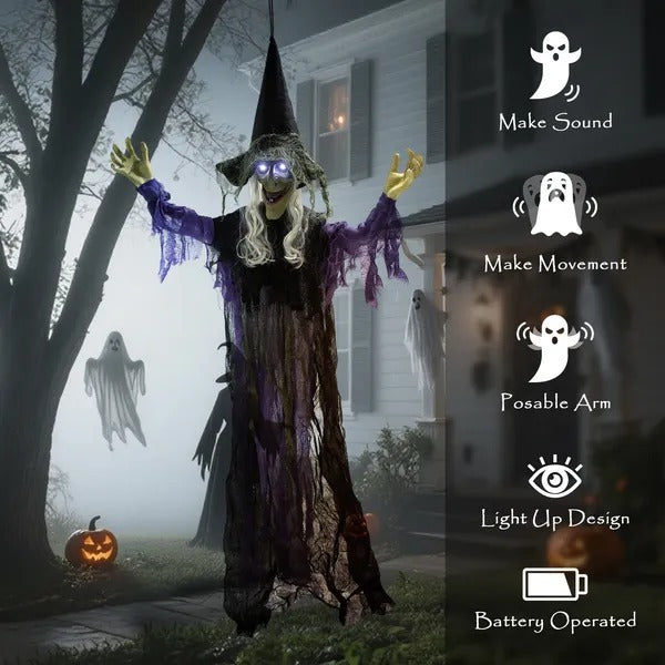 CA Local Life Size Halloween Animated Hanging Witch With Glowing LED Eyes, Scary Halloween Decorations, Battery Operated