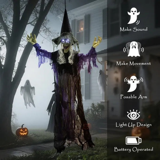 CA Local Life Size Halloween Animated Hanging Witch With Glowing LED Eyes, Scary Halloween Decorations, Battery Operated