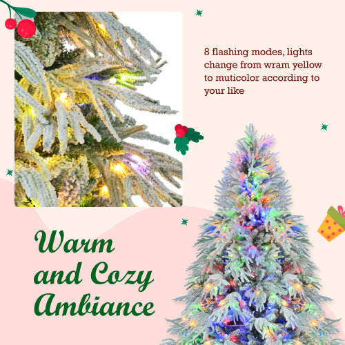 6FT Pre-Lit Spruce Snow Flocked Christmas Tree, Artificial Hinged Xmas Tree With 300 Multi-Color LED Lights, 8 Flashing Modes &790 Snow Branch Tips, Holiday Office Home Decor