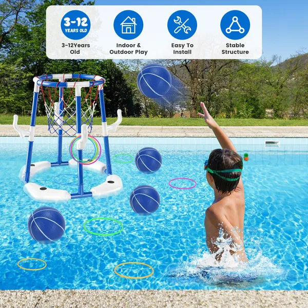 US Local Summer Pool Basketball Hoop Toy Set With 4 Basketballs 4 Circles Floating Swimming Pool Basketball Games Poolside Water Play Toy For 3-12Years Old Kids Adults GPCT5441