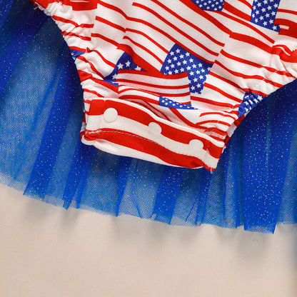 US Local Baby's Independence Day Style Flag Pattern Triangle Bodysuit, Casual Sleeveless Bowknot Romper