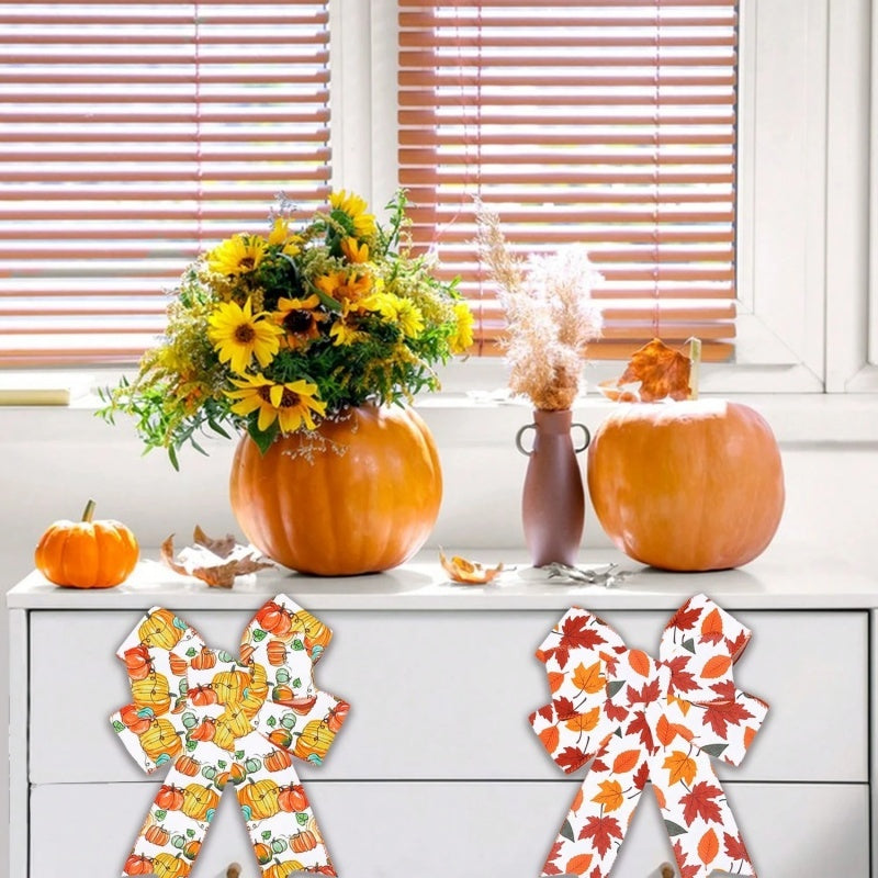 US Local 4 Rolls 20 Yards Thanksgiving Day Fall Autumn Wired Edge Ribbon Pumpkin Leaves Wired Ribbon Gingham Ribbon For Thanksgiving Decorations Party Gift Wrapping Craft DIY Project