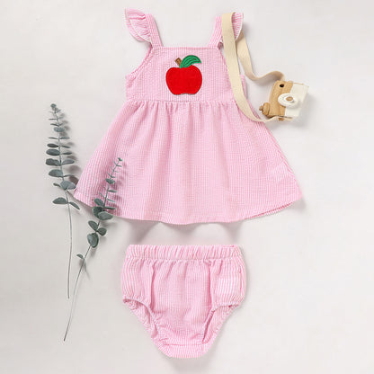US Local Kids Baby Girl Back To School Outfit, First Day Of School, Summer Ruffle Sleeves Applique Top & Shorts Set