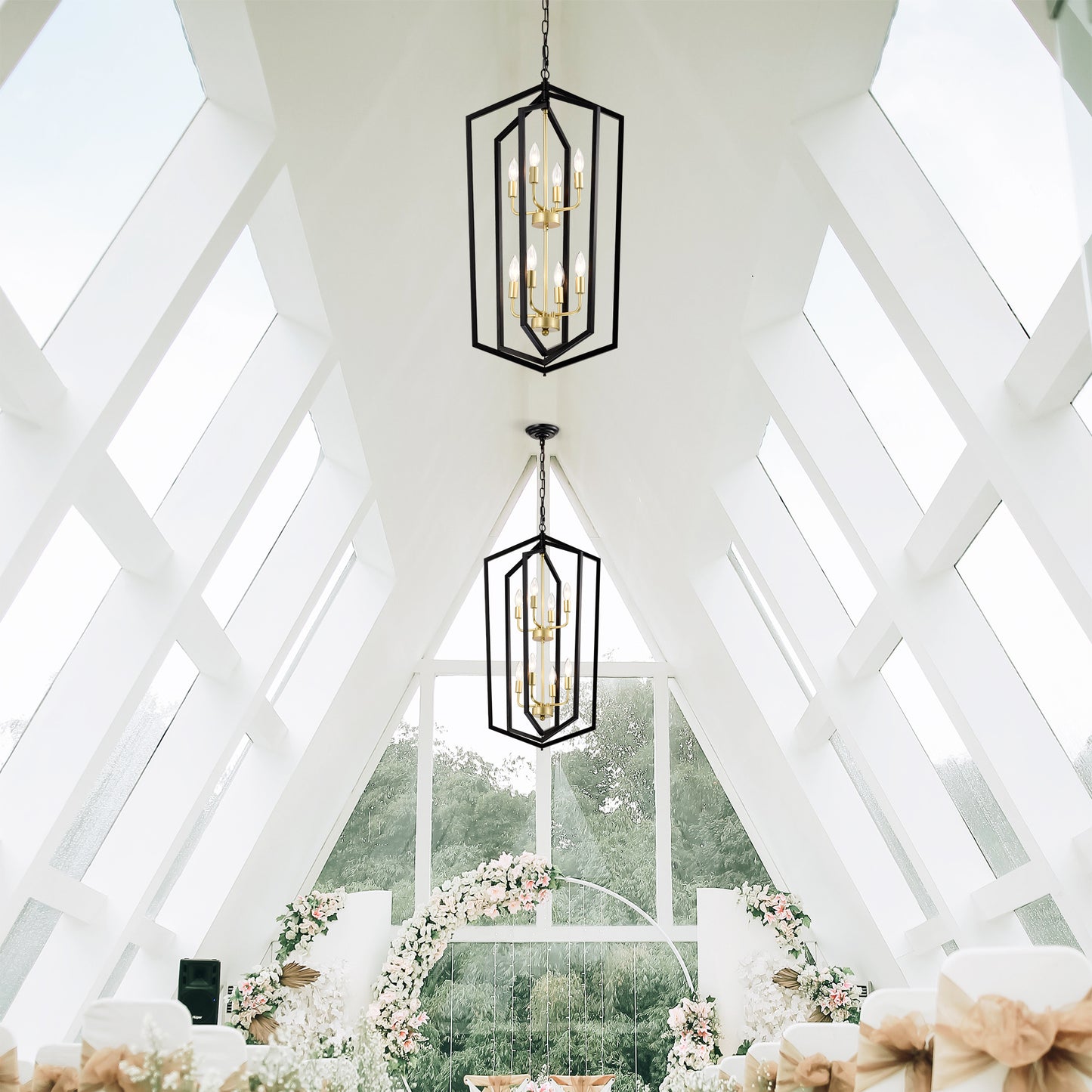 US Local 8-Light Lantern Tired Farmhouse Ceiling Hanging Light Black Chandelier Metal Modern Pendant Light Fixtures For Kitchen Island Dining Room Living Room Foyer Entryway E12 Bulbs Not Included