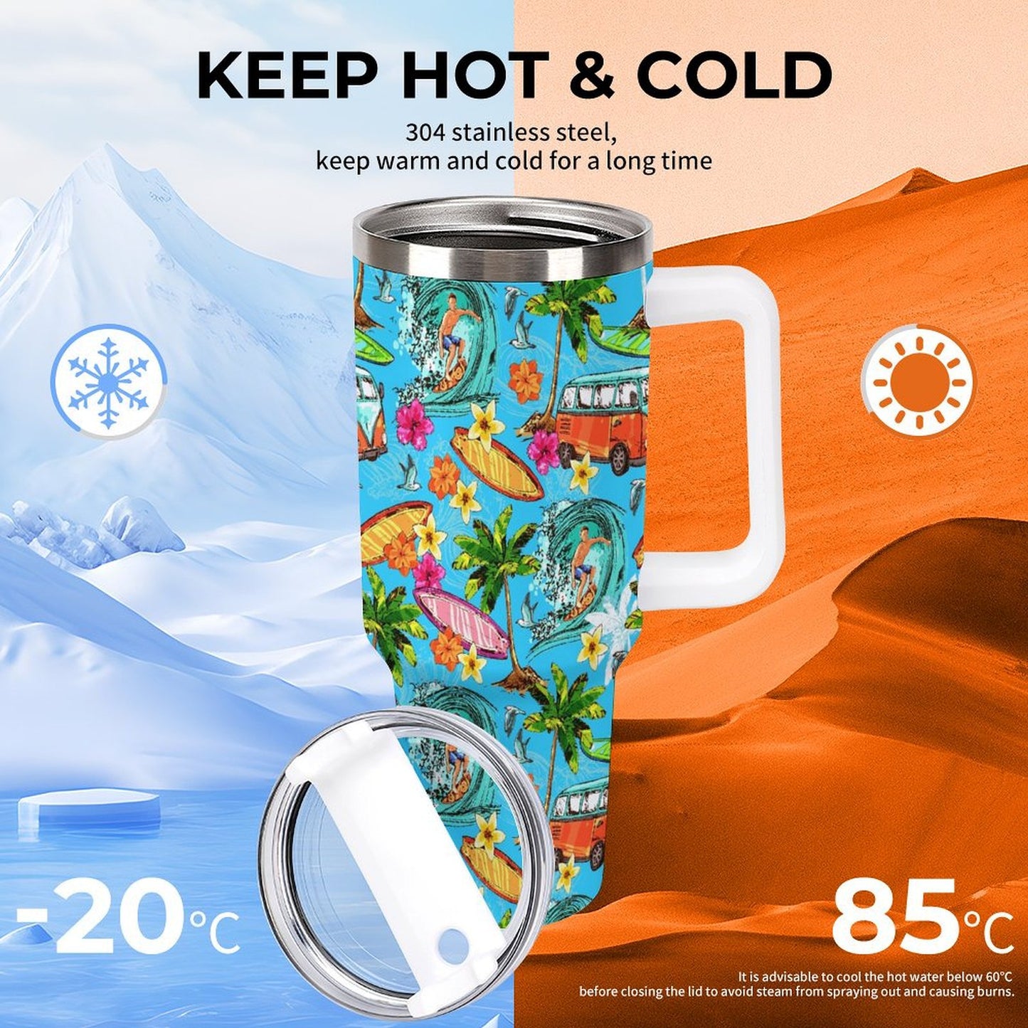 PHDT00102 POD US Local Tumbler 40 oz Large Capacity Car Cup Summer, Surfing