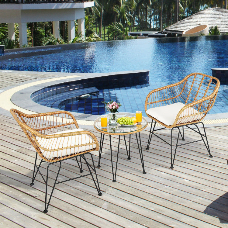 US Local 3 Pieces Rattan Furniture Set With Cushioned Chair Table