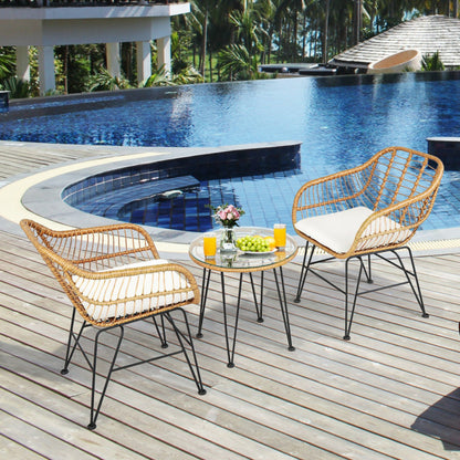 US Local 3 Pieces Rattan Furniture Set With Cushioned Chair Table