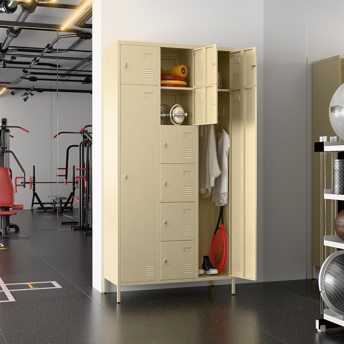 US Local Metal Storage Lockers With 10 Doors And Rod,Industrial Combination Employees Lockers With 2 Big And 8 Small Doors For Home Gym,School,Office,Assembly Required,Camel