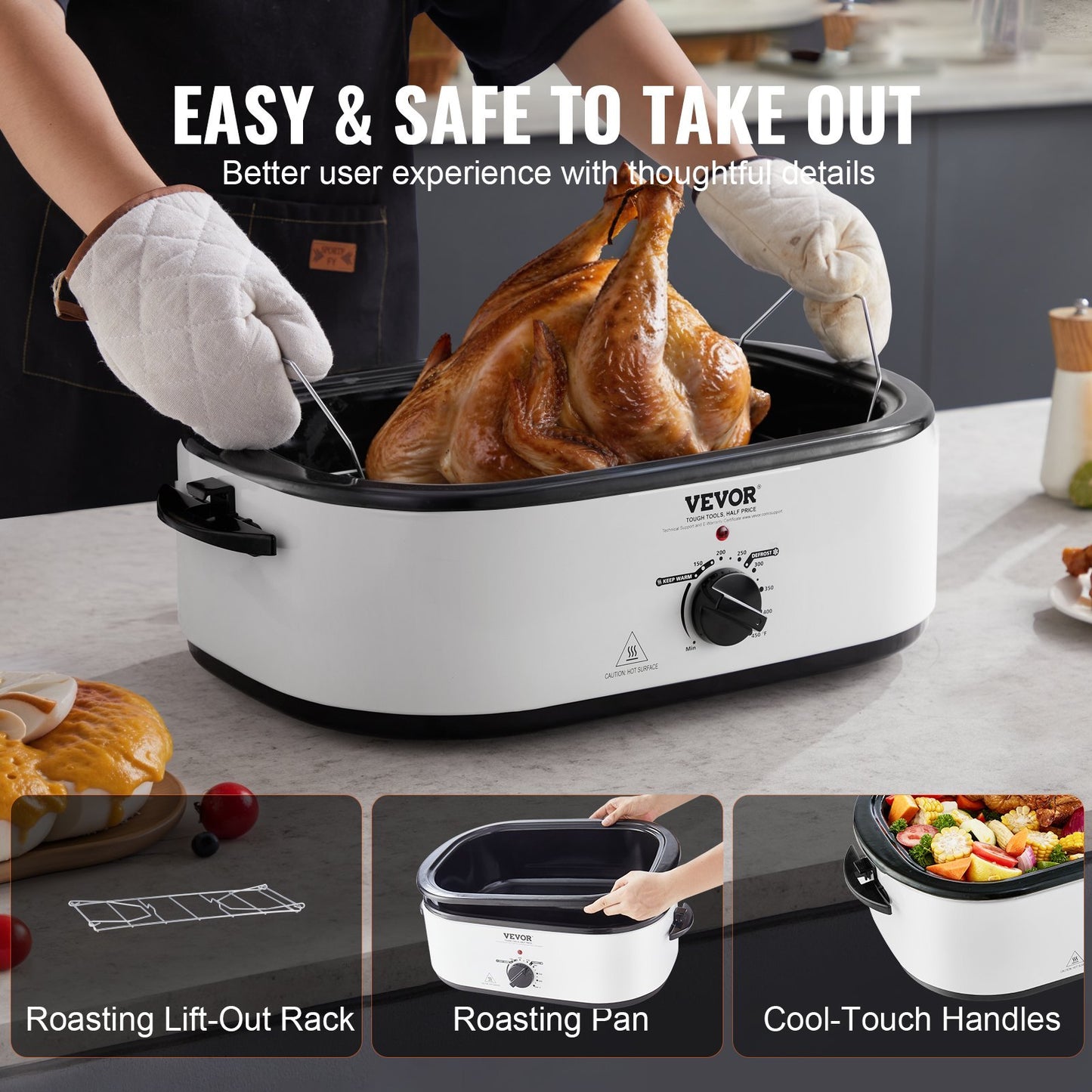 US Local Electric Roaster Oven, 22 QT Turkey Roaster Oven With Self-Basting Lid, 1450W Roaster Oven With Defrost & Warm Function, Adjustable Temp, Removable Pan & Rack, Fits Turkeys Up To 26LBS, White