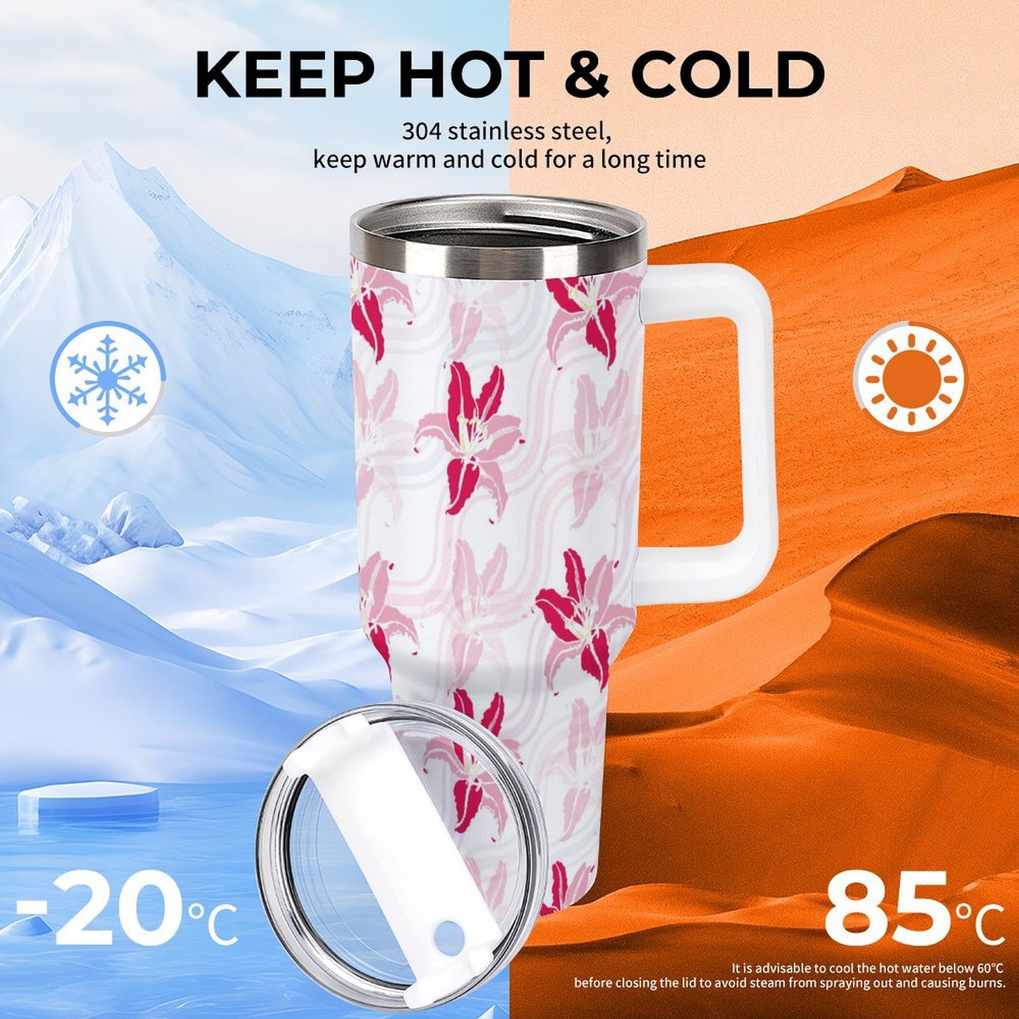 PHDT00366 POD US Local Tumbler 40 oz Large Capacity Car Cup Flower, Contrast, Pink