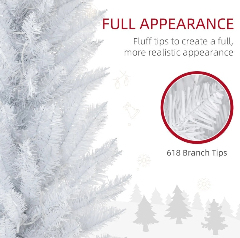 US Local HOMCOM 8' Tall Pre-Lit Slim Noble Fir Artificial Christmas Tree With 300 Warm White LED Lights And 618 Tips, For Christmas Decoration, White