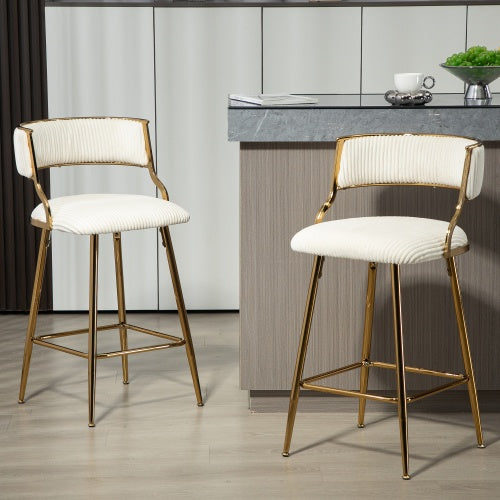 US Local SET OF 2,26 Counter Height Bar Stools Corduroy Kitchen Island Counter Bar Stool With Back,golden Chromed Base And Footrest