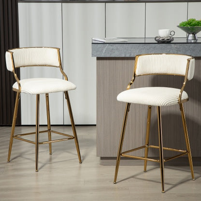US Local SET OF 2,26 Counter Height Bar Stools Corduroy Kitchen Island Counter Bar Stool With Back,golden Chromed Base And Footrest