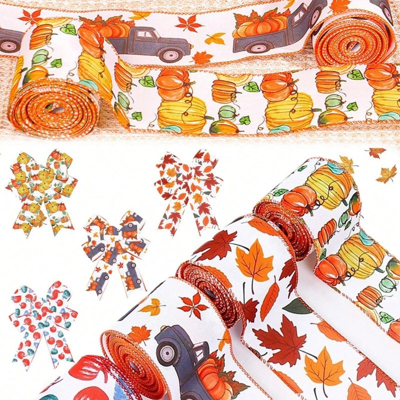 US Local 4 Rolls 20 Yards Thanksgiving Day Fall Autumn Wired Edge Ribbon Pumpkin Leaves Wired Ribbon Gingham Ribbon For Thanksgiving Decorations Party Gift Wrapping Craft DIY Project