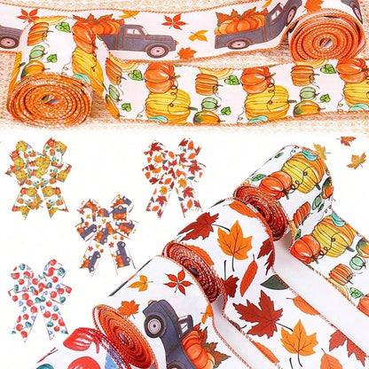 US Local 4 Rolls 20 Yards Thanksgiving Day Fall Autumn Wired Edge Ribbon Pumpkin Leaves Wired Ribbon Gingham Ribbon For Thanksgiving Decorations Party Gift Wrapping Craft DIY Project