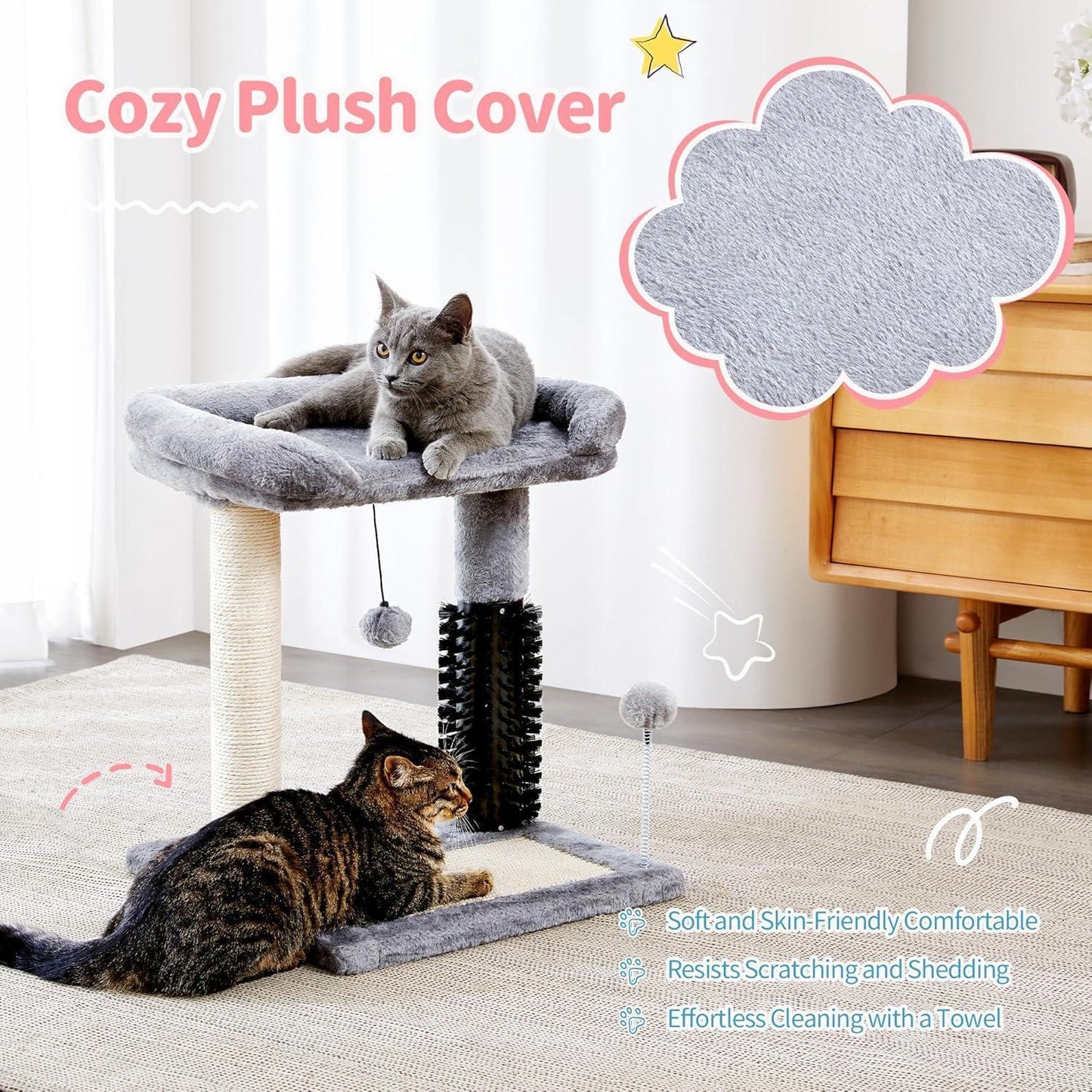 US Local Small 4-in-1 Cat Tree Tower With Self-grooming Brush And Natural Sisal Scratching Post, Soft Plush Cat Bed And Hanging Ball, Suitable For Indoor Kittens