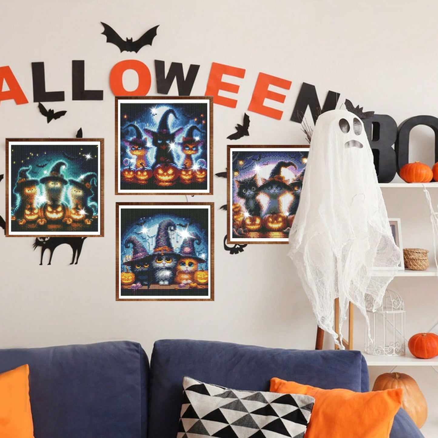 US Local 4-Piece Black Cat Diamond Painting Set, Suitable For Adult Beginners, 12x12 Inch Full Drill DIY Cute Cat Gem Art Painting, Gem Dot Craft - Ideal For Home Wall Decor