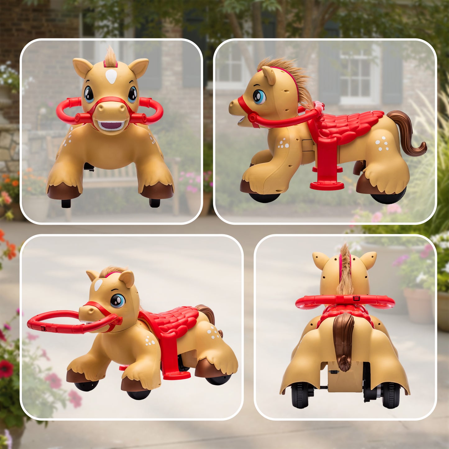 US Local Ride On Horse Toy, 12V Battery Powered Ride on Toy with Carrot Toy, Comb and Sound, Electric Rocking Horse for Toddlers