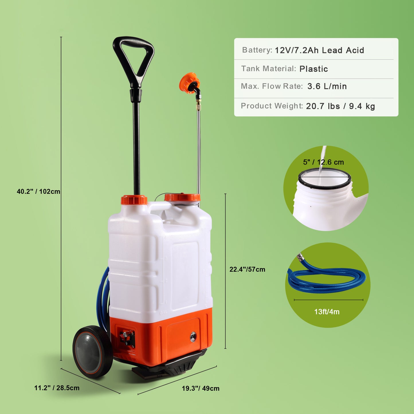 US Local VEVOR Battery Powered Backpack Sprayer With Cart, 0-94 PSI Adjustable Pressure, 4 Gallon Tank On Wheels, With 8 Nozzles And 2 Wands, 12V 7.2Ah Battery, Wide Mouth Lid For Weeding, Spraying, Cleaning