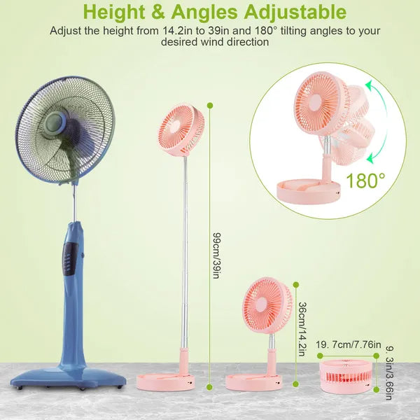 US Local Portable Folding Desk Fan Quiet Low Noise Table Fan USB Rechargeable Telescopic Standing Floor Fan For Home Office Camping Hiking Travel