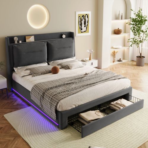 UK Local Upholstered Bed, 150x200 5ft King Size Bed, Hydraulic Bed, 2-in-1 Storage Drawers At The End Of The Bed, Recessed LED Light Strips On Both Sides Of The Bed, Slatted Frame, Velvet,Dark Gray