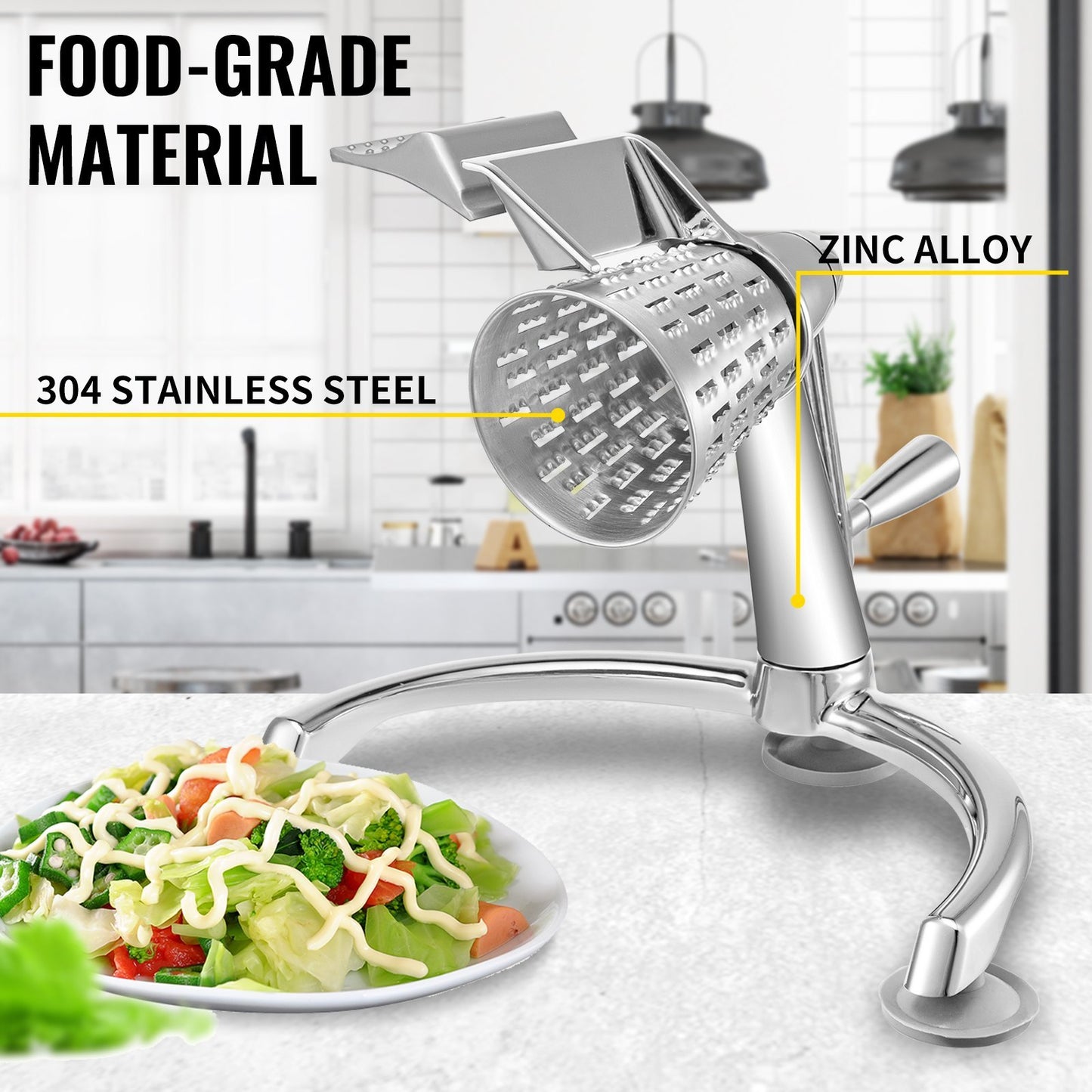 US Local Rotary Cheese Grater, Zinc Alloy Rotary Vegetable Mandoline, Manual Cheese Mandoline W/ 5 Stainless Steel Cutting Cones, Manual Vegetable Grater W/ 2.5L Bowl, Rotary Shredder W/Suction Base