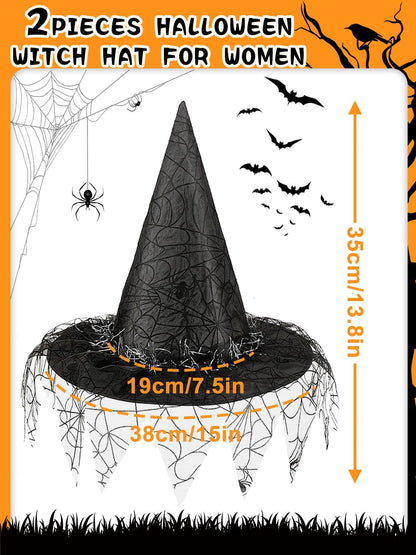 US Local 2 Pieces Halloween Witch Hat Costume Witches Hats For Women Black Foldable Pointed Cap For Halloween Party Costume