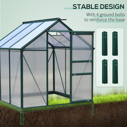 UK Local Outsunny 6 X 6ft Polycarbonate Greenhouse, Large Walk-In Green House With Slide Door And Window, Garden Plants Grow House With Aluminium Frame And Foundation, Dark Green