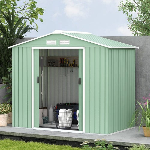 UK Local Outsunny 7 X 4ft Metal Garden Shed, Outdoor Storage Tool House With Ventilation Slots, Foundation Kit And Lockable Double Doors, Light Green