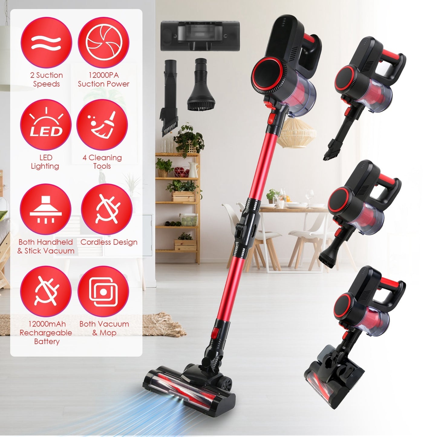 US Local Cordless Vacuum Cleaner Lightweight Handheld Vacuum Upright Stick Floor Vacuum Battery Powered Mop With Lighting 2 Speeds 12000PA Suction 4 Tools Mount Bracket 180 Degree Foldable