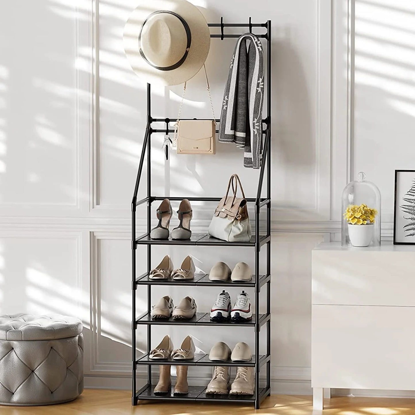 US Local 5-Tier Shoe Rack Shoe Storage For Entryway,Narrow Shoe Rack,Coat And Shoe Rack With 8 Hooks