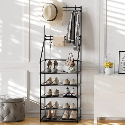 US Local 5-Tier Shoe Rack Shoe Storage For Entryway,Narrow Shoe Rack,Coat And Shoe Rack With 8 Hooks