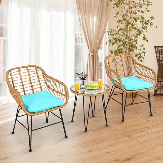 US Local 3 Pieces Rattan Furniture Set With Cushioned Chair Table