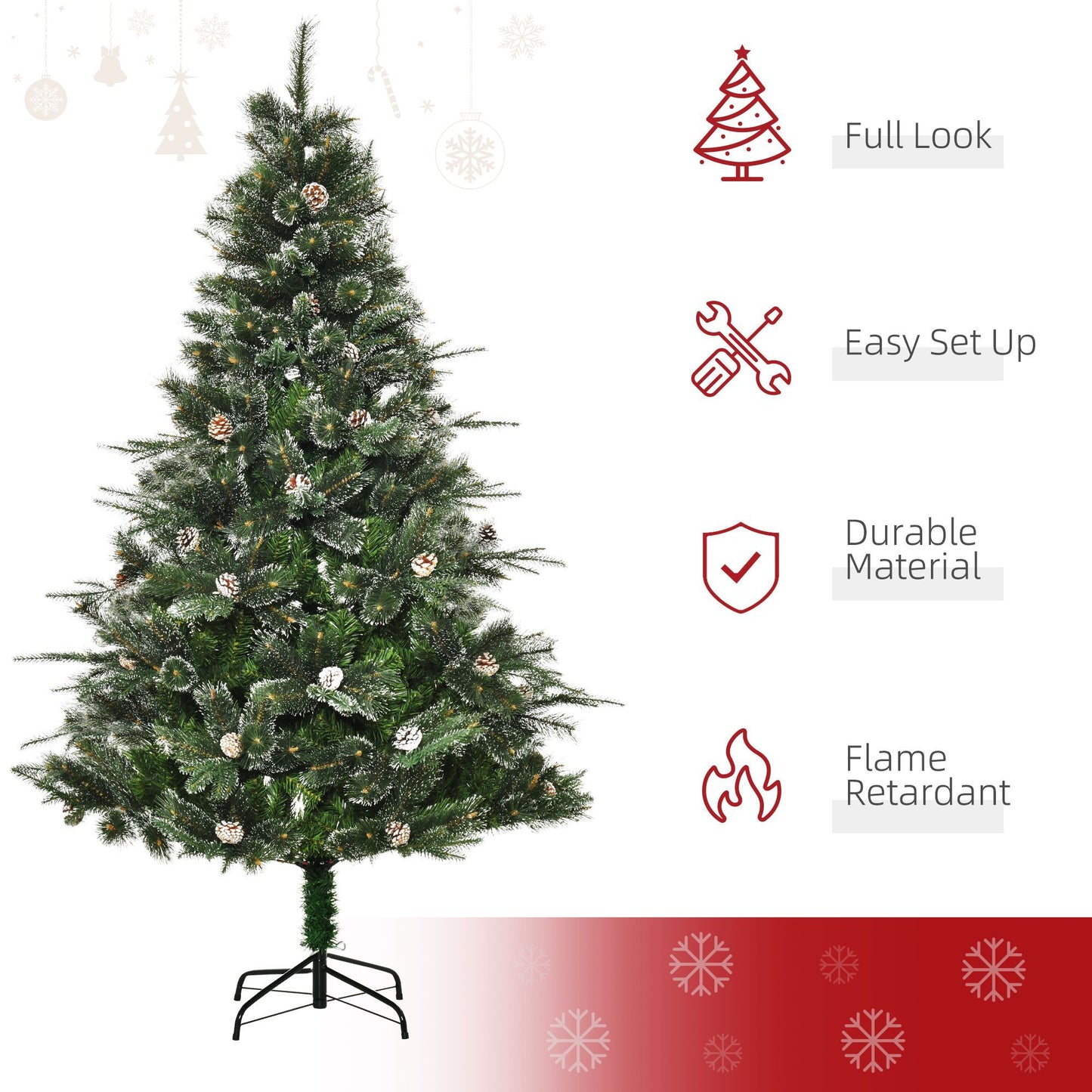 CA Local HOMCM 6 ft Artificial Christmas Snow Pine Tree Holiday Home Xmas Decoration With Automatic Open, Pinecone, Green