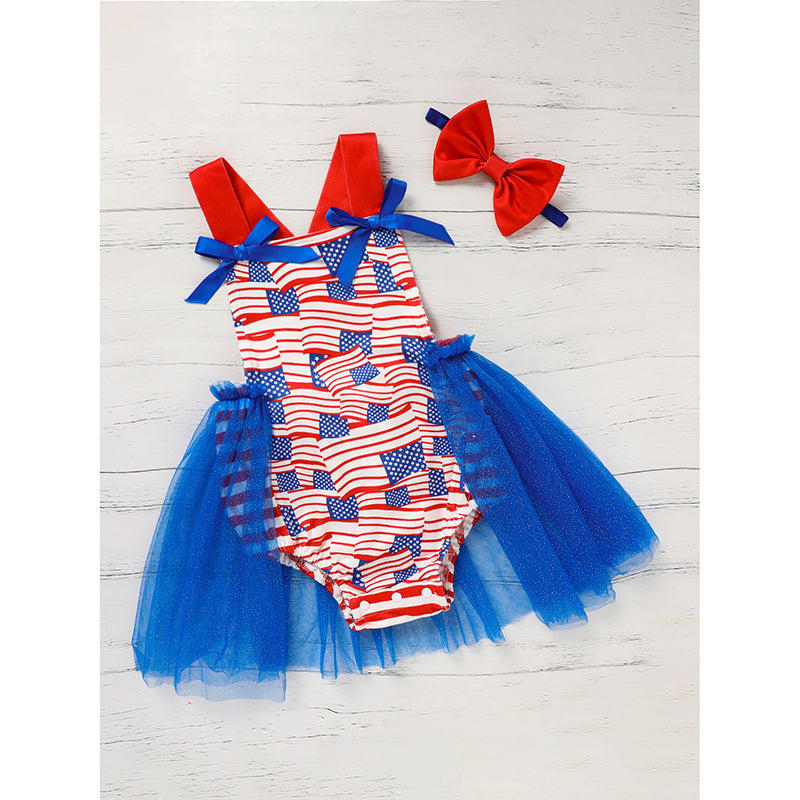 US Local Baby's Independence Day Style Flag Pattern Triangle Bodysuit, Casual Sleeveless Bowknot Romper