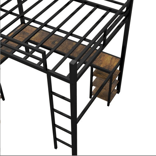 US Local Full Metal Loft Bed With Desk And Shelves, Loft Bed With Ladder And Guardrails, Loft Bed Frame For Bedroom