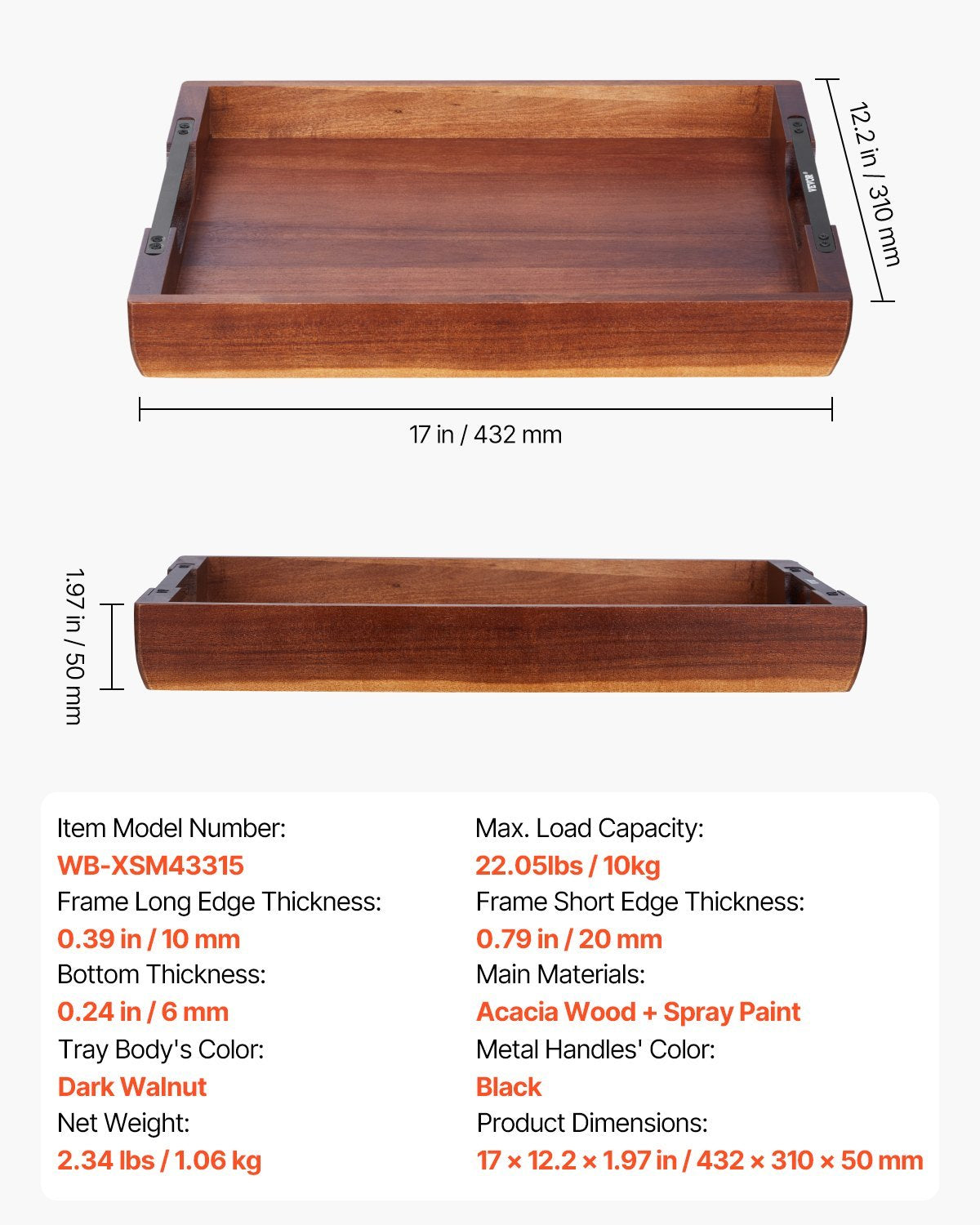 US Local Serving Tray 17x12.2 Inch Acacia Food Serving Table Laptop Desk With Handles