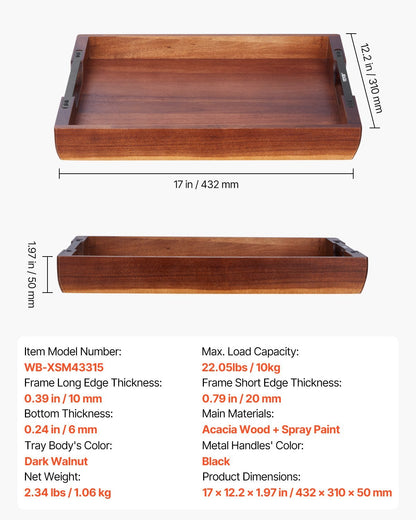 US Local Serving Tray 17x12.2 Inch Acacia Food Serving Table Laptop Desk With Handles