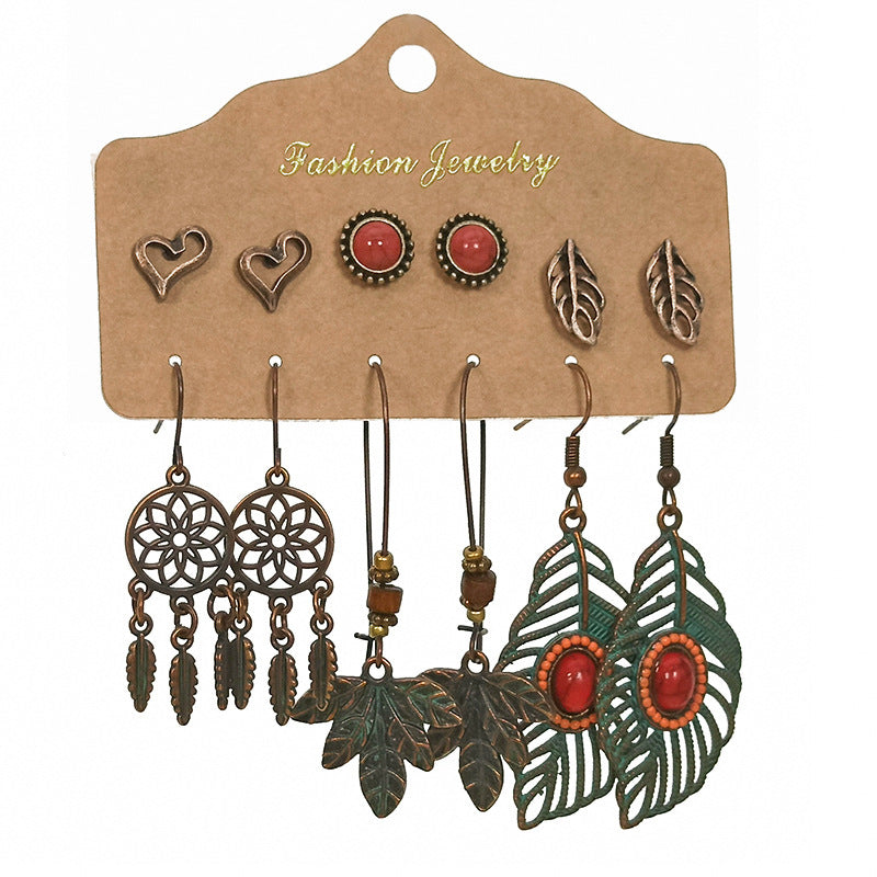 Slimming Cross-border Earrings Suit Combination Bohemian Ethnic Exquisite Water Drop Leaves Lovely Electroplated Beaded Earrings