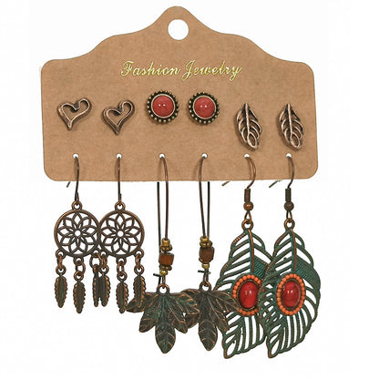 Slimming Cross-border Earrings Suit Combination Bohemian Ethnic Exquisite Water Drop Leaves Lovely Electroplated Beaded Earrings